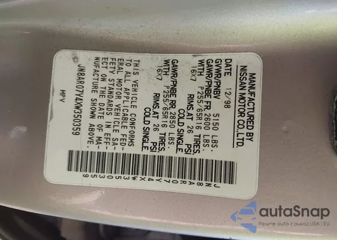 1999 Nissan Pathfinder Le/Se/Xe from USA, damaged, VIN JN8AR07Y4XW350359